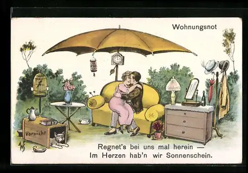 Künstler-AK Willi Scheuermann: Wohnungsnot, Liebespaar unter einem Schirm