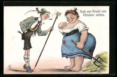 Künstler-AK Willi Scheuermann: Dünner Mann bewundert korpulente Frau