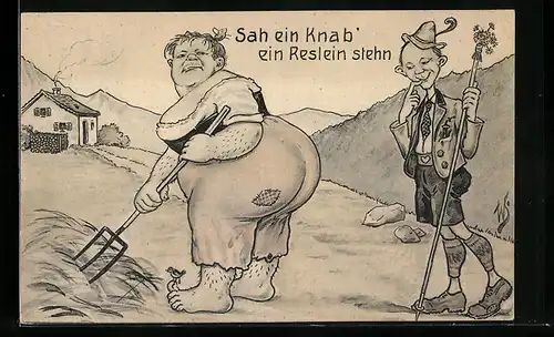 Künstler-AK Willi Scheuermann: Sah ein Knab ein Röslein stehn, hagerer Mann schaut lüstern auf eine tumbe Bäuerin
