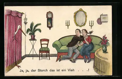 Künstler-AK Willi Scheuermann: Paar auf Sofa erschrecken vor dem Storch-Ja, ja der Storch das ist ein Vieh...!