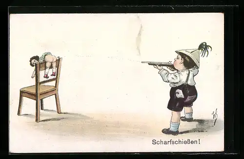 Künstler-AK Willi Scheuermann: Junge mit Pistole beim Scharfschiessen auf Puppe