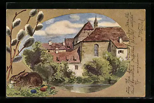 Künstler-AK August Splitgerber: Fröhliche Ostern, Ortspartie mit Osterhasen