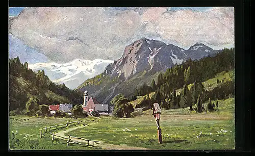 Künstler-AK August Splitgerber: Feldweg in den Ort mit Blick in die Landschaft und das umliegende Gebirge