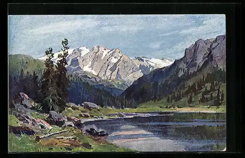 Künstler-AK August Splitgerber: Bergsee mit Gipfelblick