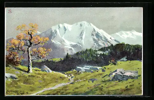 Künstler-AK August Splitgerber: Landschaft mit Schnee bedecktem Gebirge