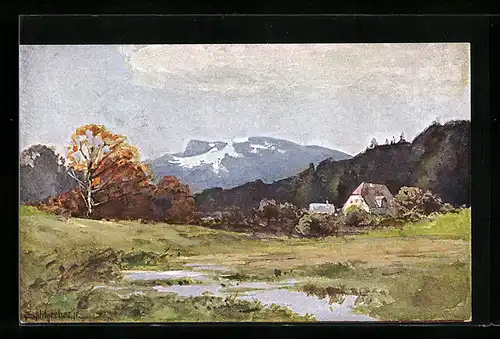 Künstler-AK August Splitgerber: Ortsansicht mit Gebirge