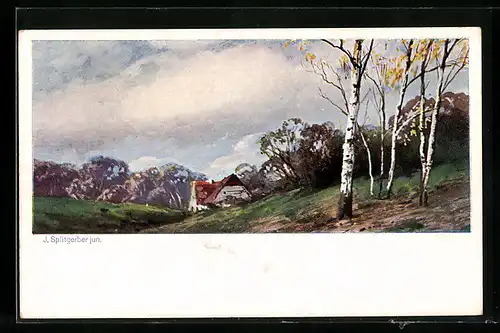 Künstler-AK August Splitgerber: Ortspartie mit Birken im Vordergrund