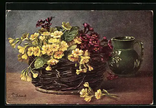 Künstler-AK sign. P. Schmidt: Korb mit Himmelschlüsselchen