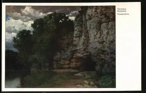 Künstler-AK Hermann Rüdisühli: Felsenhöhle an einem See