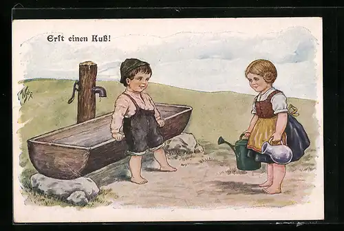 Künstler-AK Willi Scheuermann: Mädchen beim Wasserholen, Junge versperrt den Weg-Erst einen Kuss !