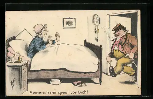 Künstler-AK Willi Scheuermann: Frau im Bett erwartet ihren Mann - Heinerich mir graut vor Dich !