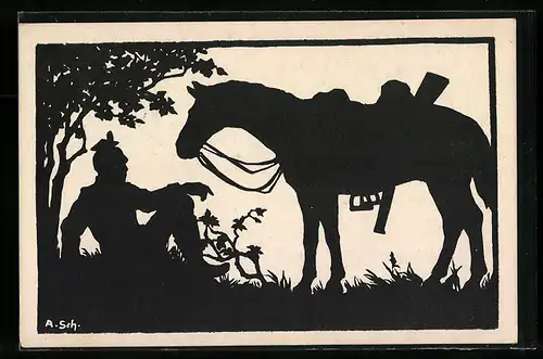 Künstler-AK Anna Schirmer: Mann mit Pferd bei der Rast