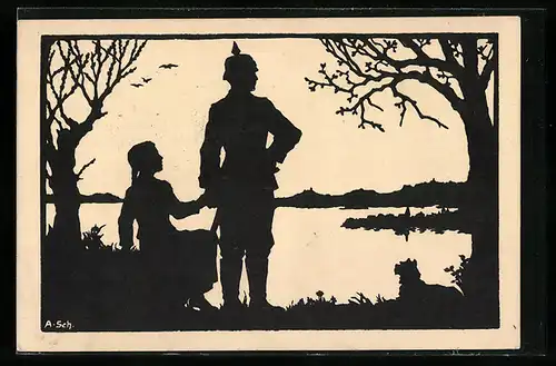 Künstler-AK Anna Schirmer: Soldat mit seiner Geliebten an einem See, Hund, Silhouette