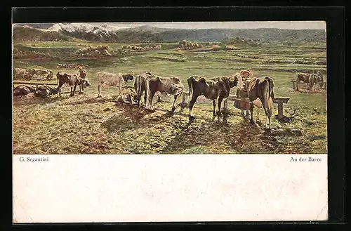 Künstler-AK Giovanni Segantini: Bäuerin pflegt ihre Kühe an der Barre