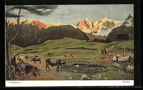 Künstler-AK Giovanni Segantini: Werden, Bauern und Kühe in einer Alpenlandschaft