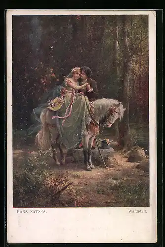 Künstler-AK Hans Zatzka: Waldidyll-Liebhaber umarmt Liebste auf Pferd