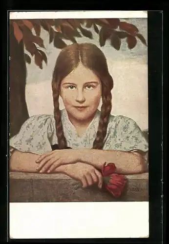 Künstler-AK G. Hirth`s Verlag, Serie: VI, 6., Mädchen mit Zopfen und roten Blumen in der Hand