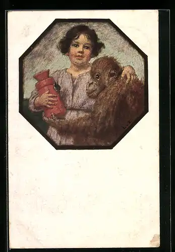Künstler-AK Ludwig von Zumbusch: Mädchen mit einem Affen im Arm, Marke aus Hettchen