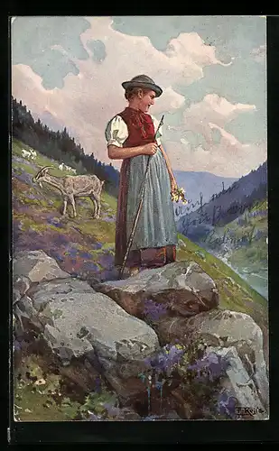Künstler-AK Fritz Reiss: Schwarzwälder Hirtin mit Ziege