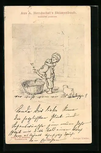 Künstler-AK Albert Hendschel: Junge Liebe-Kleiner Junge mit Hunden