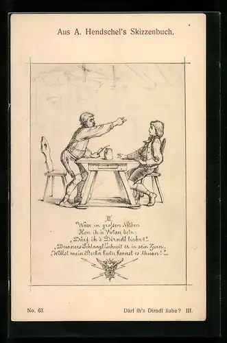 Künstler-AK Albert Hendschel: Vater mit Sohn am Tisch-Därf ih`s Dirndl liabn ?