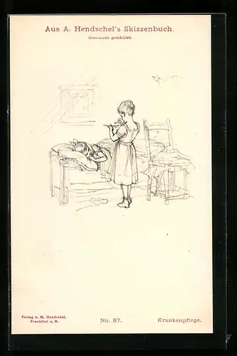 Künstler-AK Albert Hendschel: Mädchen am Bett ihres kranken Bruders bei der Krankenpflege