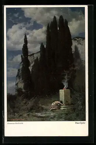 Künstler-AK Hermann Rüdisühli: Das Opfer, Frau kniet vor einer Flamme