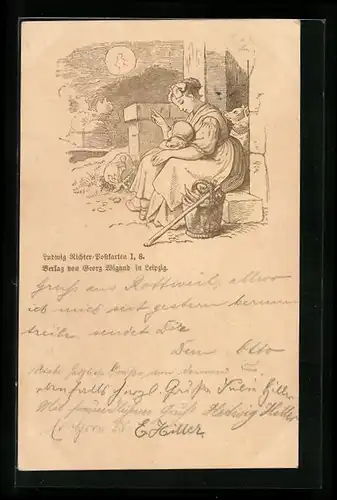 Künstler-AK Ludwig Richter: Mutter erzählt ihrer Tochter vom Mond