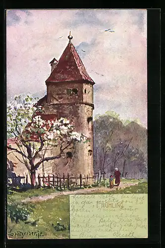 Künstler-AK August Splitgerber: Landschaft im Frühling mit Turm und Baumblüte