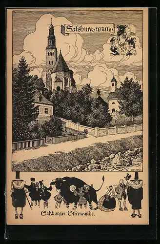 Künstler-AK Salzburg /Mülln, Salzburger Stierwäsche, Kirche