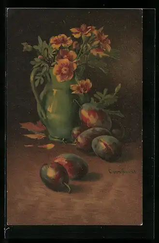 Künstler-AK Clara von Sivers: Pflaumen neben einer Vase mit Blumen