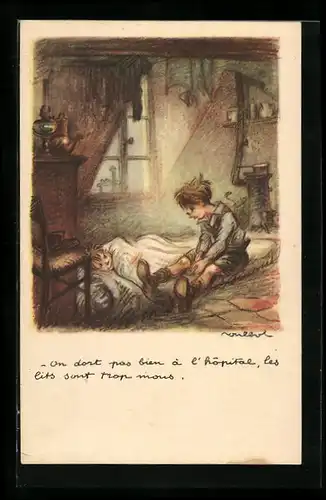 Künstler-AK Francisque Poulbot: junge sitzt an der Matratze eines Kindes