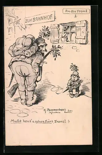 Künstler-AK Karl Pommerhanz: humoristische Darstellung, an die Front, Soldat und kleiner Bär am Bahnhof