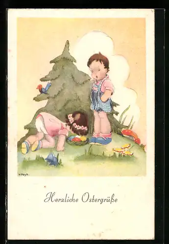 Künstler-AK Hilla Peyk: Frohe Ostern, Kinder suchen Eier