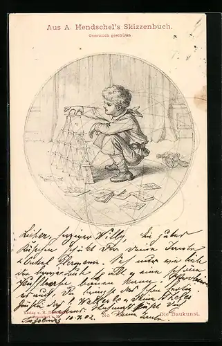 Künstler-AK Albert Hendschel: Die Baukunst-Junge mit Spielkarten