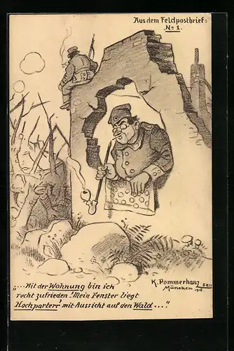 Künstler-AK Karl Pommerhanz: Soldaten an der Front mit Wohnung in einem zerstörten Gebäude