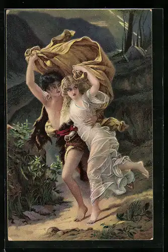 Künstler-AK Stengel & Co. Nr. 29164: Der Sturm, Junges Paar flüchtet vor Gewitter