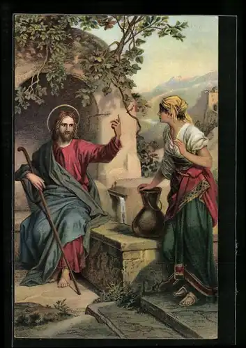 Künstler-AK Stengel & Co. Nr. 29064: Christus und die Samariterin nach Hofmann