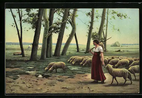 Künstler-AK Stengel & Co. Nr. 29967: Auf dem Lande, Schäferin hütet ihre Schafe