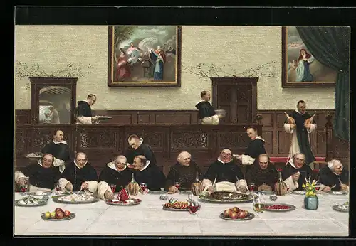 AK Fasttag, Mönche an einem reich gedeckten Tisch
