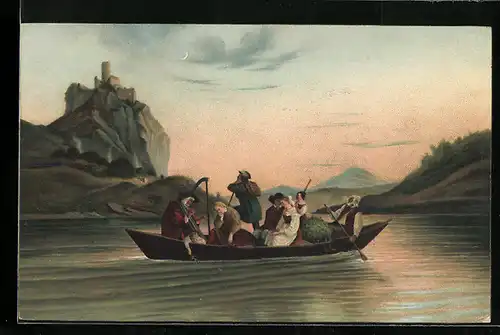 Künstler-AK Stengel & Co. Nr. 29054: Passing the Elbe at the Schreckenstein, Ruderboot