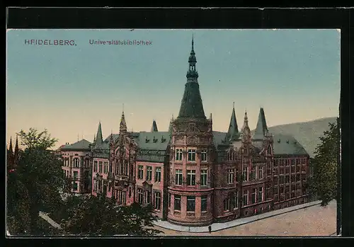 AK Heidelberg, Universitätsbibliothek mit Strasse aus der Vogelschau