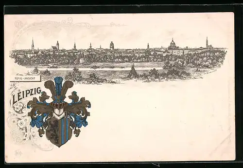 Passepartout-Lithographie Leipzig, Panorama, Wappen