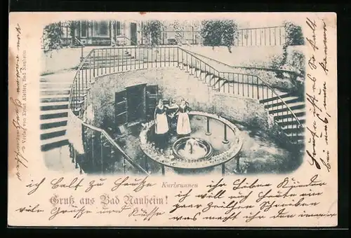 AK Bad Nauheim, Kurbrunnen mit Angestellten und Treppe aus der Vogelschau