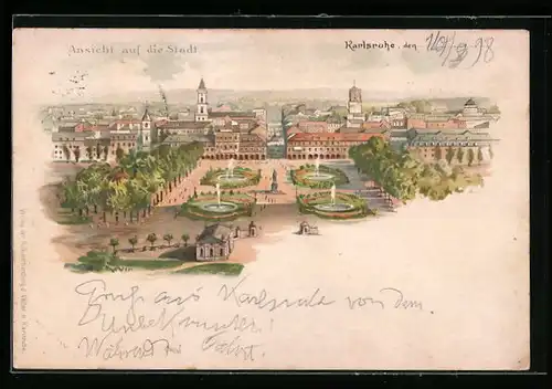 Lithographie Karlsruhe, Blick auf den Ort