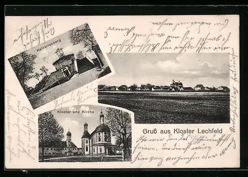 AK Lechfeld, Blick auf Kloster und Kirche, Kalvarienberg, Gesamtansicht