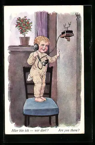 Künstler-AK Willi Scheuermann: Are you there? Kind am Telefen