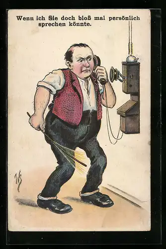 Künstler-AK Willi Scheuermann: Wütender Mann mit Rute am Telefon