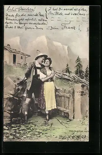 Künstler-AK Charles Scolik: Jäger umarmt seine Liebste