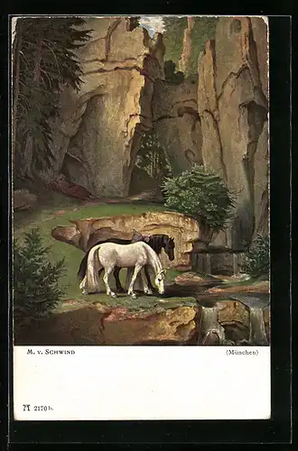 Künstler-AK Moritz von Schwind: zwei Pferde an einem Fluss